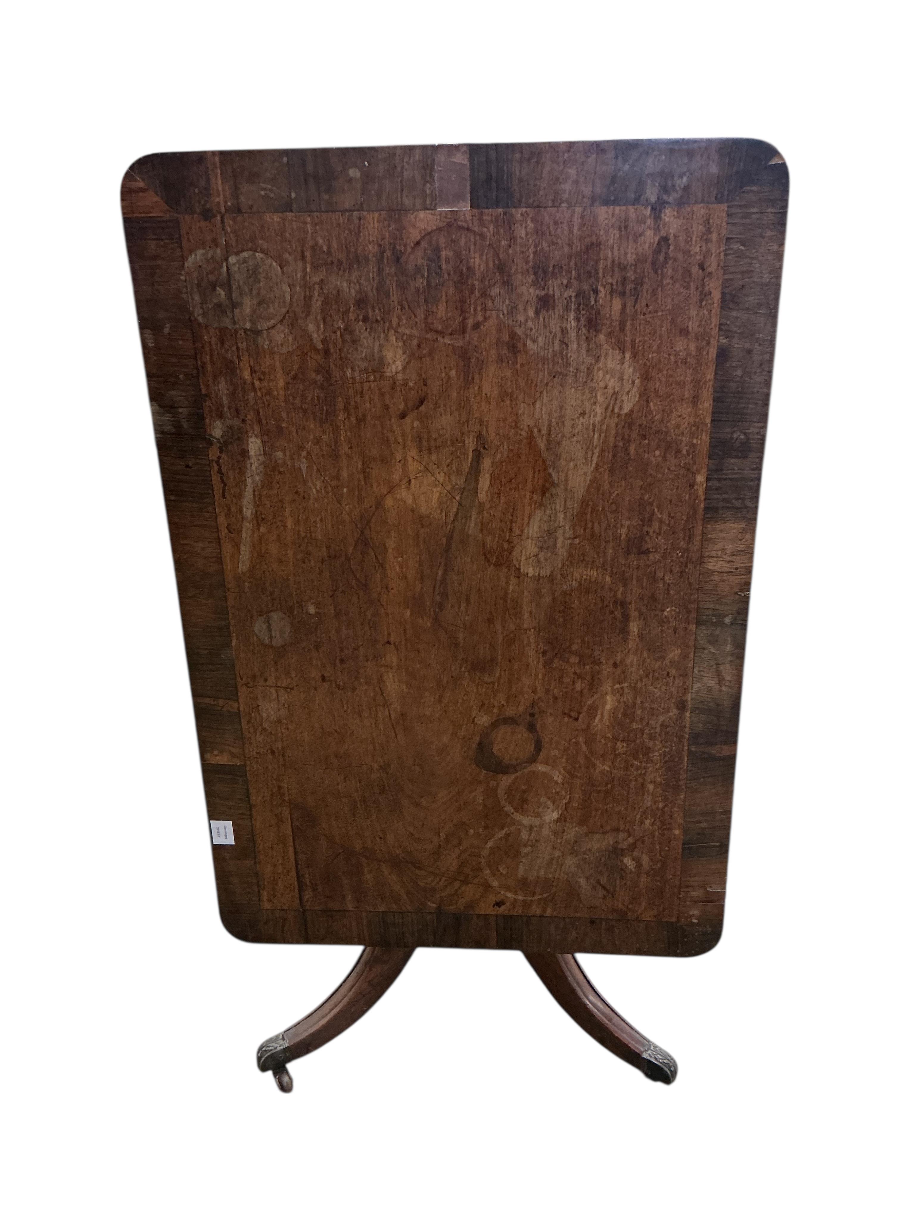 A Regency rectangular rosewood banded mahogany tilt top breakfast table, width 75cm, depth 111cm, height 71cm